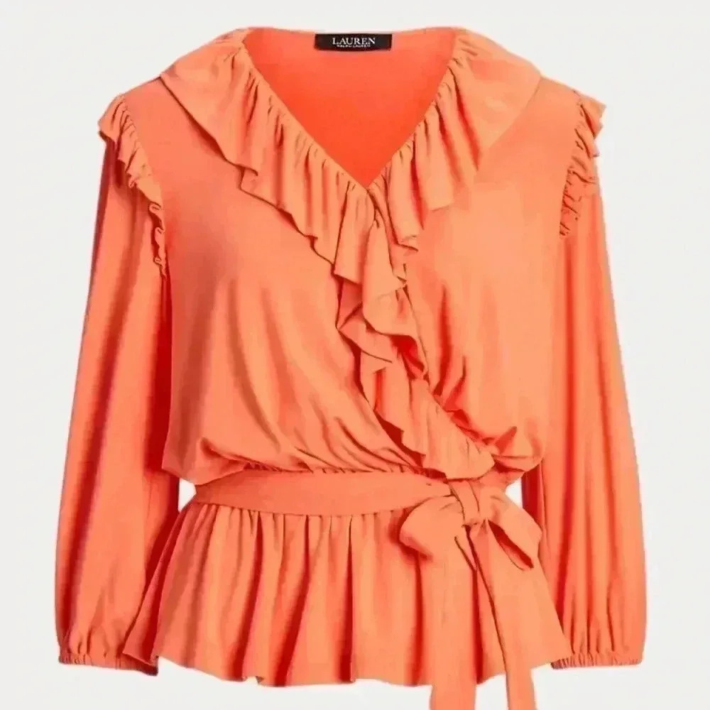 Lauren Ralph Lauren Belted Jersey Peplum Top 3X Coral Feminine Ruffles Soft NWT